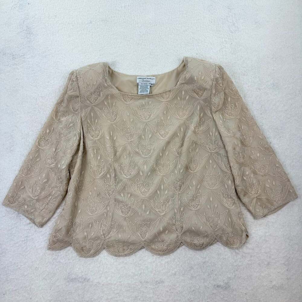 Adrianna Papell Occasions Silk Beaded Scalloped Hem Formal Blouse Top Size 18